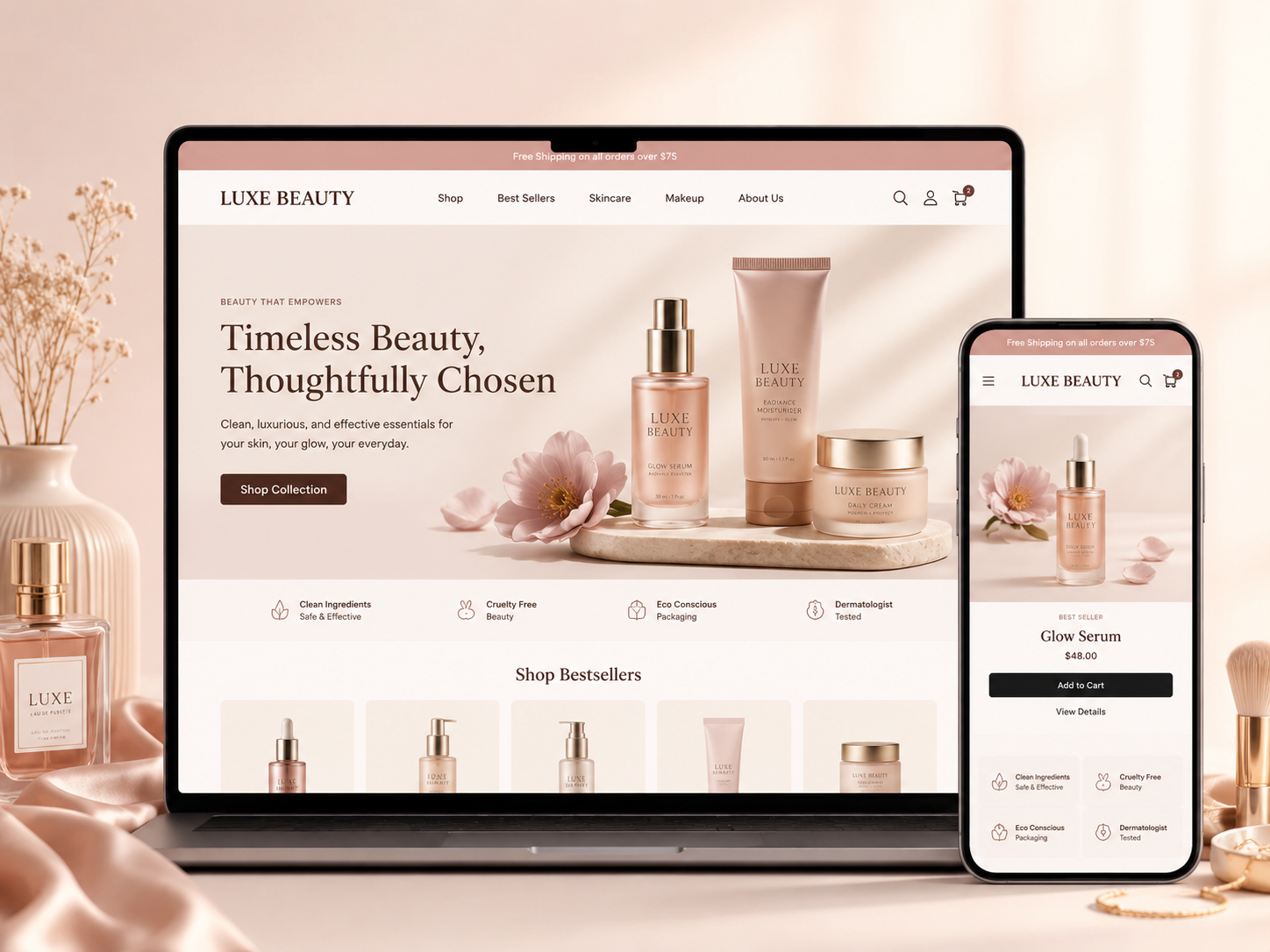 Premium Shopify storefront mockup with desktop and mobile product presentation for a beauty brand