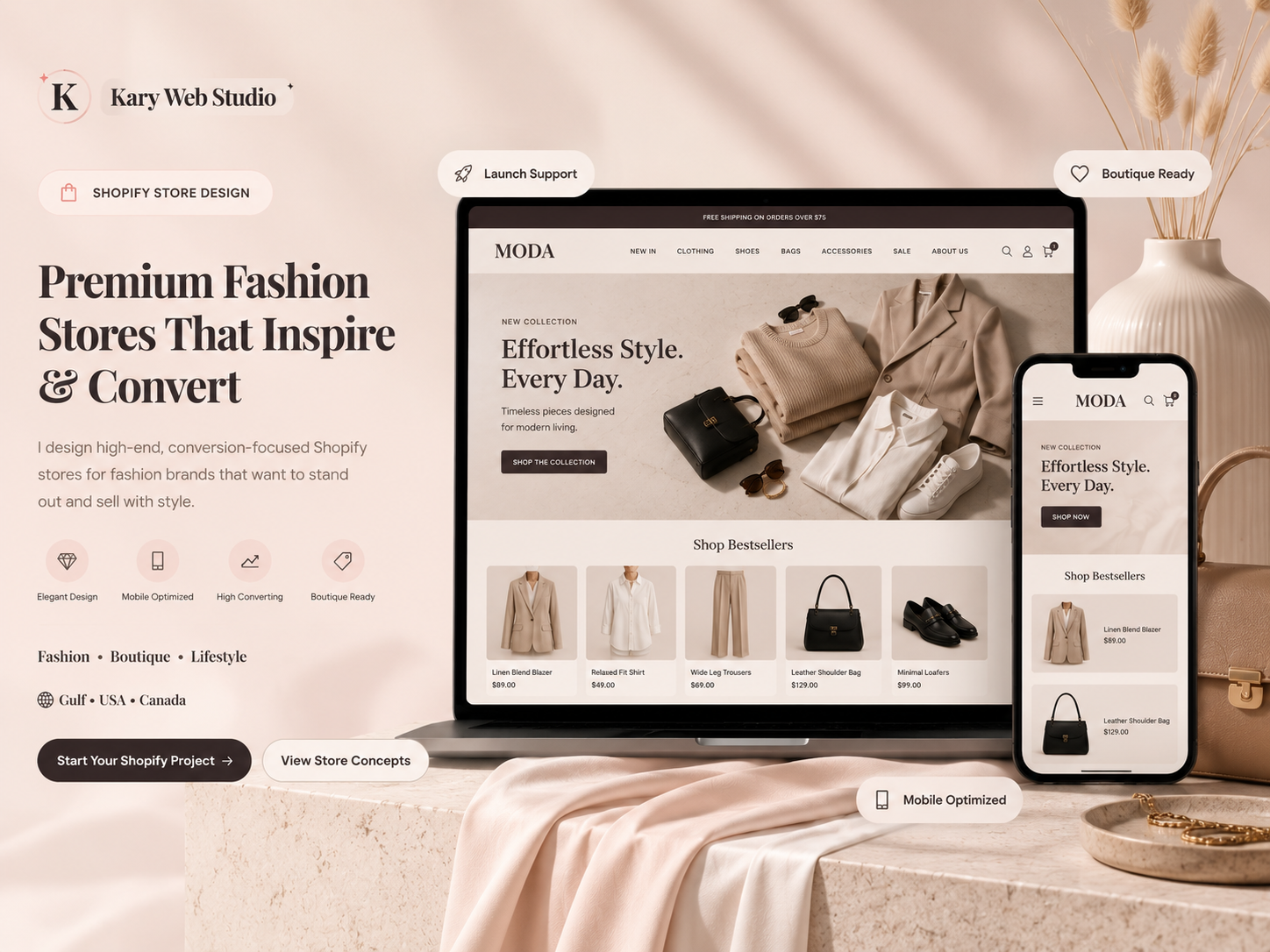 Portfolio preview of a fashion boutique Shopify concept