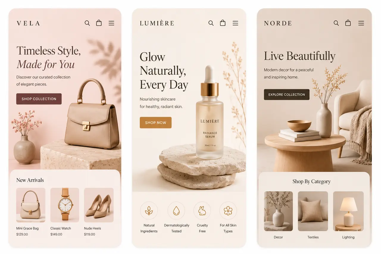 Selected premium Shopify design work for accessories, beauty and lifestyle product brands